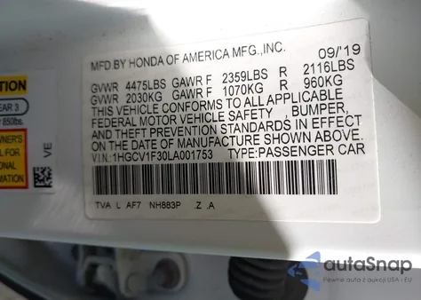 2020 Honda Accord Sport из США, поврежденный, VIN 1HGCV1F30LA001753